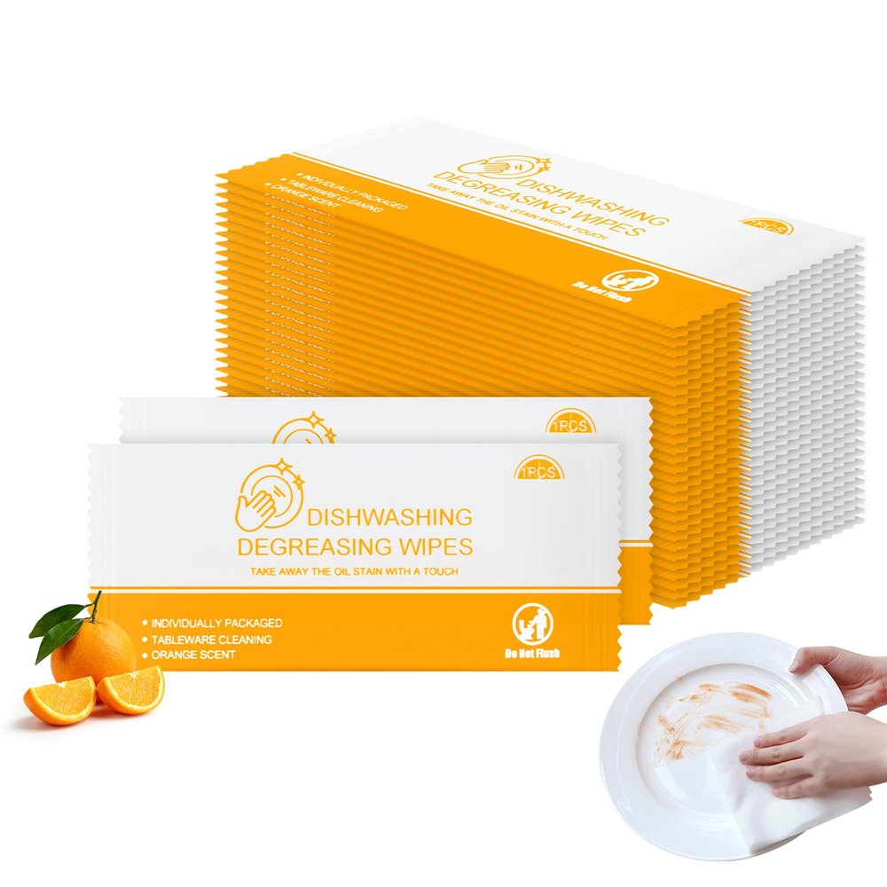 Dish Cleaning Wipes Individually Wrapped Travel Dish Soap Wipes Orange Scent 7.7x 7.3 Disposable Wipes Portable for Kitchen Outdoor Traveling Camping RV Quick Clean (50)