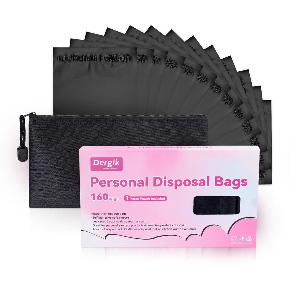 160 pcs Sanitary Napkin Disposal Bags, Personal Care Feminine Hygiene Disposal Bags, Opaque, Odor Control, Discreet Disposal for Tampons, Pads, Liners,Diapers, with Pouch, Black, Packaging May Vary