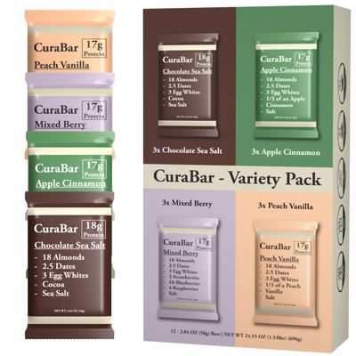 CuraBar Protein Bars Variety Pack (4 Flavors), 17g Protein, Low Carb, Gluten Free, Dairy Free, Healthy Snack, Seed Oil Free, No Artificial Ingredients, 12 Count