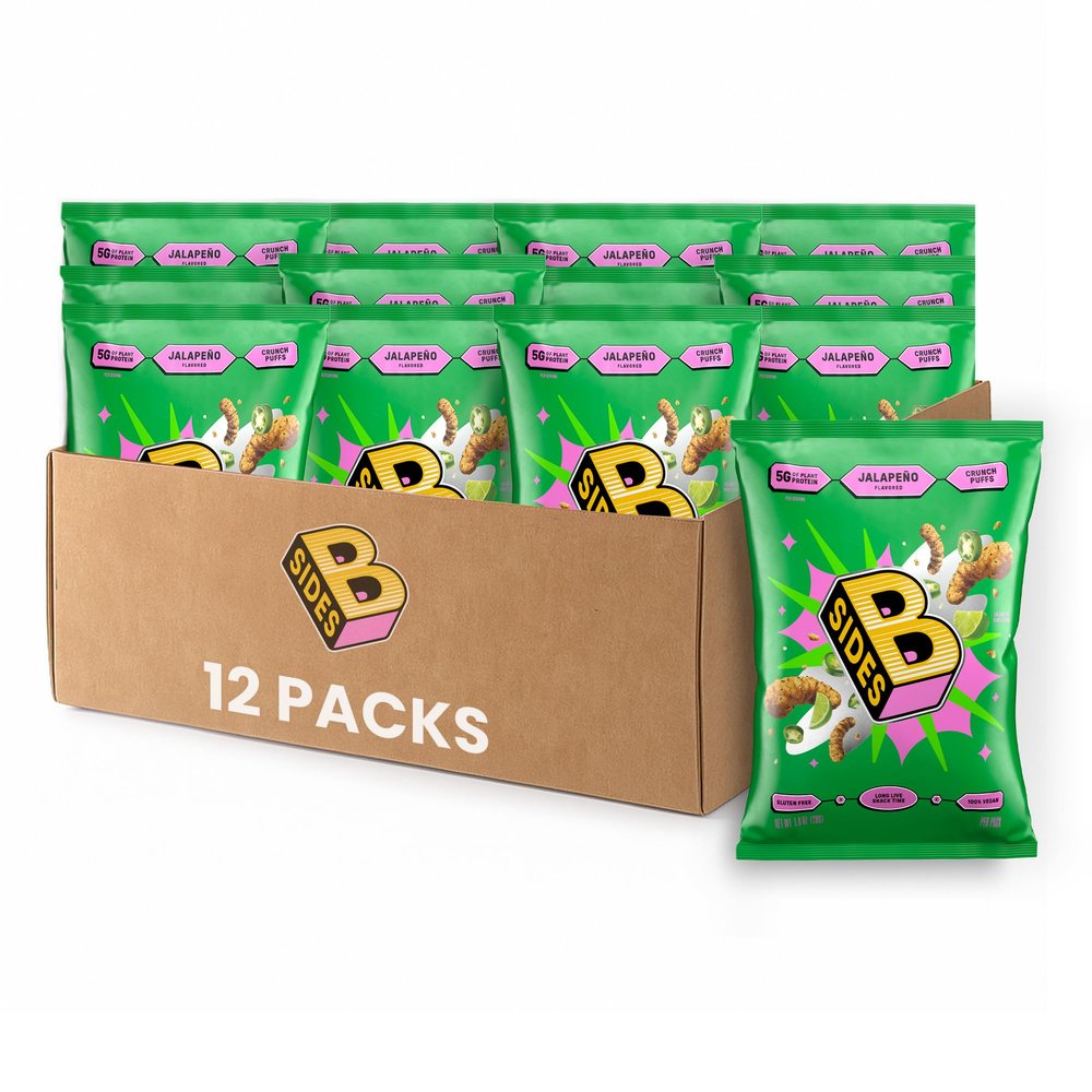 B-SIDES Crunch Puffs Protein Puffs | Healthy Snacks, High Protein, Plant-Based, Allergen-Friendly, Upcycled Oats & Corn and Regenerative Pea Protein (Jalapeno)