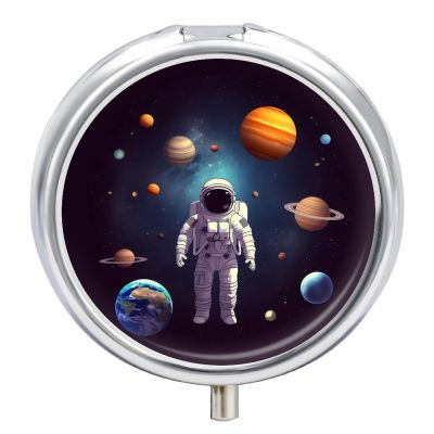 Astronaut Solar System Planets Pill Case with 3 Compartment Portable Daily Pill Organizer for Pocket Purse Round Travel Pill Box Fish Oil and Supplement Storage Box