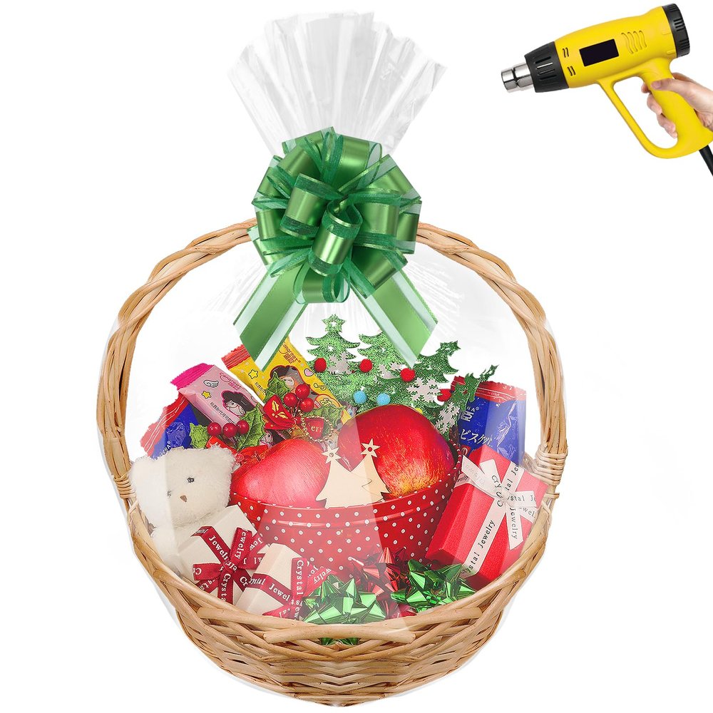Yeumk Shrink Wrap Bags for Christmas Gift Baskets 16x24 Inches 50 Pack Clear Cellophane PVC Heat Shrink Bags for Gift Wrapping Halloween Easter Valentine's Day Mother's Day