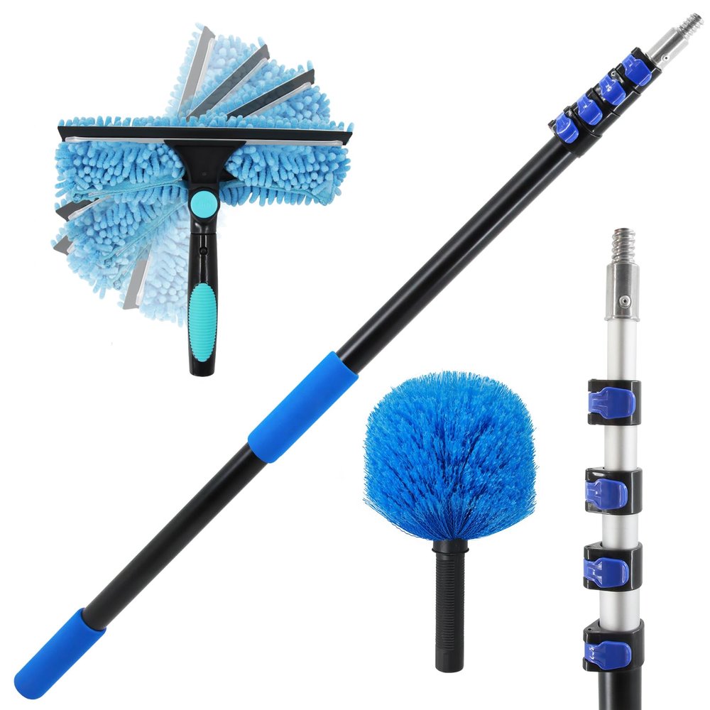 23FT High Reach Window Squeegee & Cobweb Duster with Extension Pole, 2 in 1 Squeegee for Window Cleaning with Lightweight 4-16.5 ft Telescoping Pole, Spider Web Brush with Pole for Outdoor Indoor Car