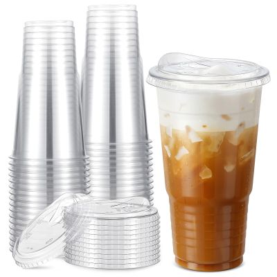 FoldTier 50 Pack 32 oz Clear Plastic Cups with Strawless Sip Lids, Oversized Iced Coffee Cups with Lids for Coffee, Tea, Milkshake, Smoothie, Cold Drinks, Party and Wedding, Event