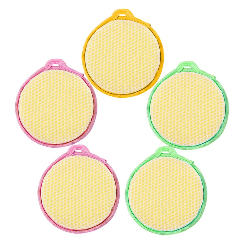 Wakauto 5pcs Double Sided Round Dishwashing Sponge Pad Non Scratch Kitchen Scouring Pad with Strong Decontamination and High Water Absorption Multi Color Cleaning Sponges for Random Color