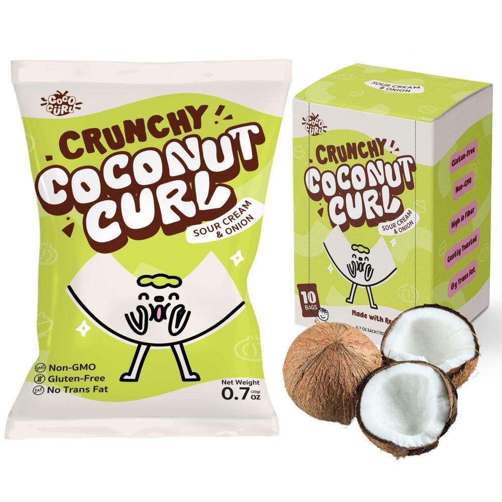 COCOCURL Sour Cream & Onion Crafted Crunchy Coconut Chips Unsweetened Healthy Snack, Gluten-Free, Gently Toasted Coconut, Sugar Free Snacks 0.7 Oz (Pack of 10)