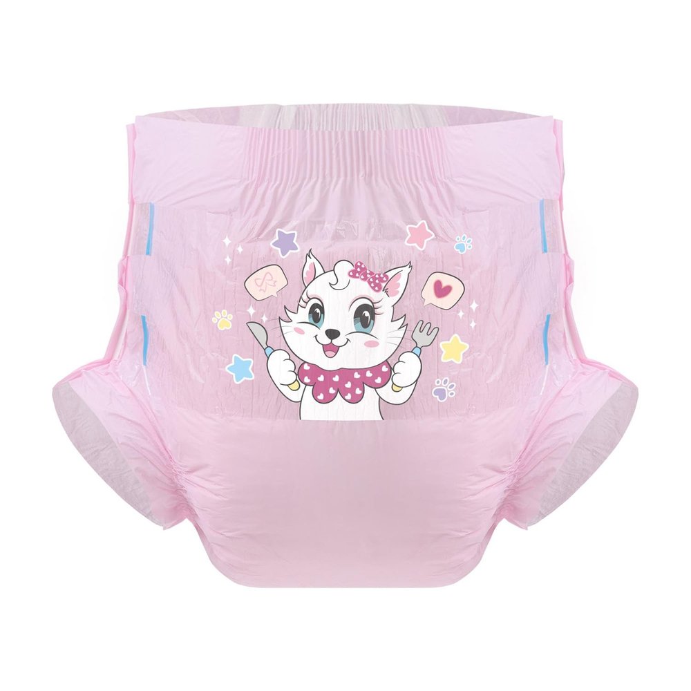 CutiePlusU Adult Diapers Sample 3 Pieces Adult Brief Diaper Incontinence Underwear Pink Kitty Dinner Time (Medium 28"-38")