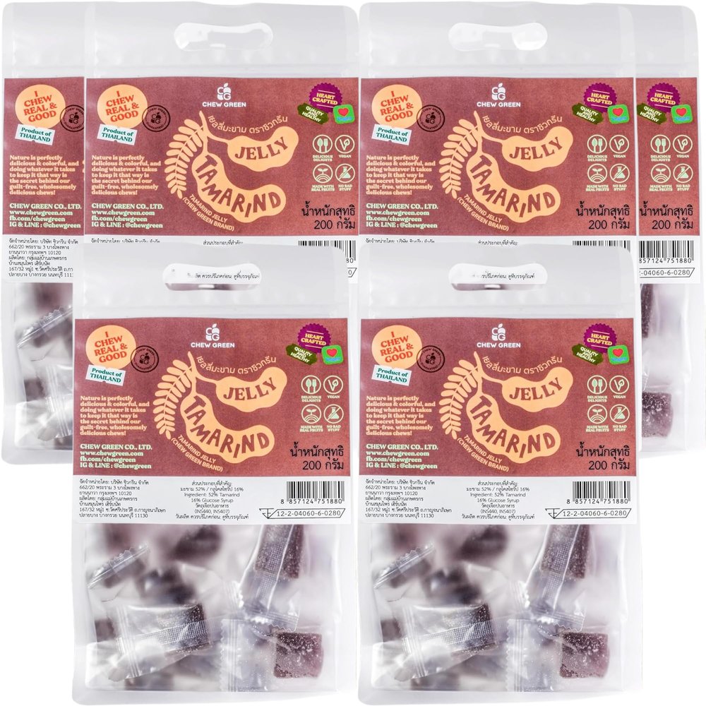 CHEW GREEN Family Share Pack-6 - Premium Tamarind Gummy Jelly Fruit Chews (7 oz x 6) Bulk Thai Authentic Gummies Individually Wrapped Plant-Based Party Favors, Corporate Gifts, Holiday Events, Goodie Bags & Pantry Staples