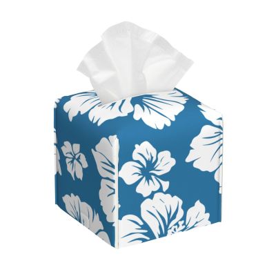 Hibiscus Blue Leather Tissue Box Cover Square Tissue Holder Decorative Paper Case for Home Office Bathroom Vanity Countertop Car