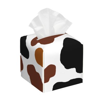 Cow Skin Pattern Leather Tissue Box Cover Square Tissue Holder Decorative Paper Case for Home Office Bathroom Vanity Countertop Car