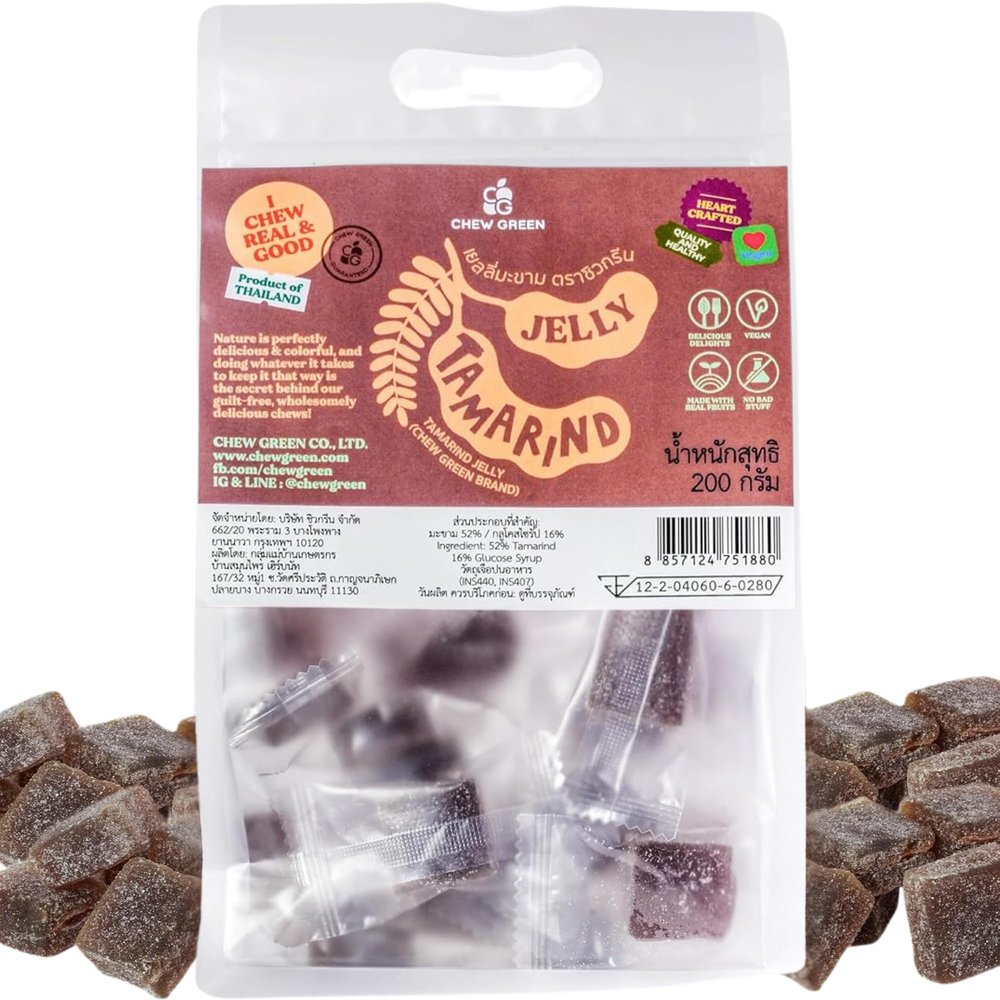 CHEW GREEN Premium Tamarind Gummy Jelly 7 oz - 52% Real Fruit Jelly Individually Wrapped Vegan Authentic Thai Dessert for Travel, Office Desk, Wedding Favors, Halloween Treats & Stocking Stuffers