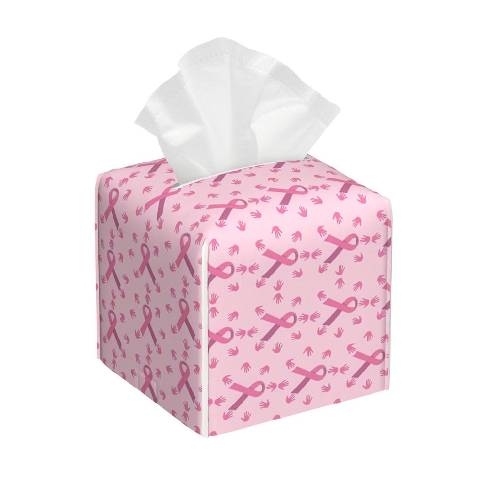 Breast Cancer Awareness Month Pink Ribbon Leather Tissue Box Cover Square Tissue Holder Decorative Paper Case for Home Office Bathroom Vanity Countertop Car