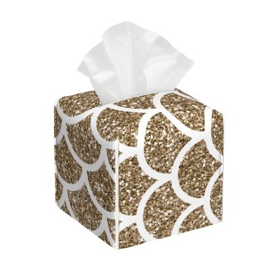 Gold Glitter Mermaid Scales Leather Tissue Box Cover Square Tissue Holder Decorative Paper Case for Home Office Bathroom Vanity Countertop Car