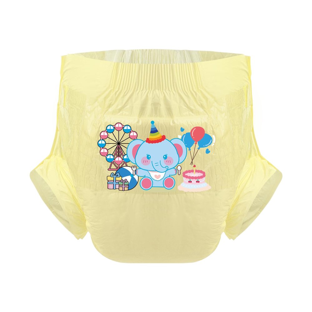 CutiePlusU Adult Diapers Sample 3 Pieces Adult Brief Diaper Incontinence Underwear Yellow Birthday Elephant (Large 37"-47")
