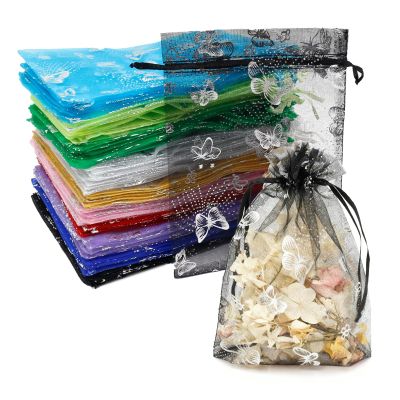 100Pcs 5x7 Inch Organza Gift Bags 10 Colors Drawstring Mesh Bag for Jewelry Wedding Favor Festival Candy Gift Pouches Christmas Party Favor Bags (Butterfly)