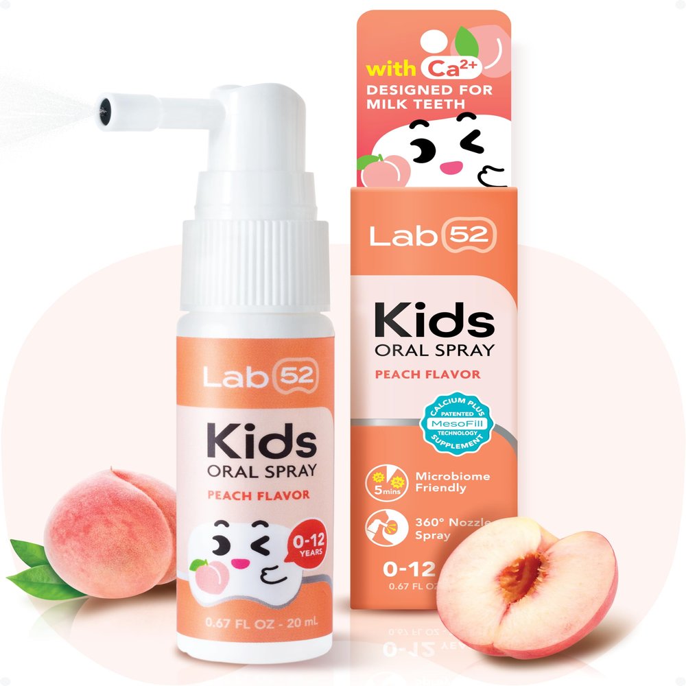 LAB52 Kids Oral Spray, Toddler Toothpaste Helper for Daily Oral Care and Fresh Breath, Children Approved with Fluoride Free for Newborn to Preschoolers, Xylitol Peach Flavor