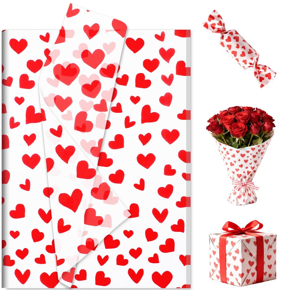 100 Sheets Valentine's Day Tissue Paper, 20 x 14 Inch Romantic Red Heart Wrapping Tissue Paper Decorative Gift Wrapping Supplies for Anniversary, Weddings, Valentine's Day DIY Crafts