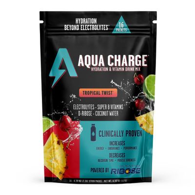 Grab The Gold Aqua Charge Electrolytes Drink Mix | Naturally Flavored Sugar-Free Hydration Drinks with B Vitamins | Vegan, Gluten-Free, Non-GMO | Tropical Twist - 16 Packs, Made in USA