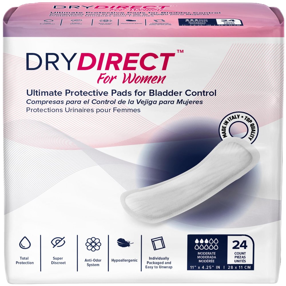 Dry Direct Ultimate Protective Incontinence Pads for Women - Daily Bladder Control & Postpartum Womens Incontinence Pads - Cotton-Like Cover, Made in Italy - Moderate (Pack of 24)