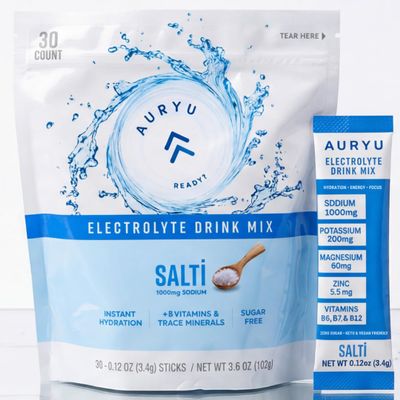 Auryu Electrolyte Drink Mix Powder, Salti Flavor, 30 Stick Packs, B Vitamins & Essential Minerals, Low Sugar Hydration Powder for Sports, Travel & Daily Wellness, 7.4oz