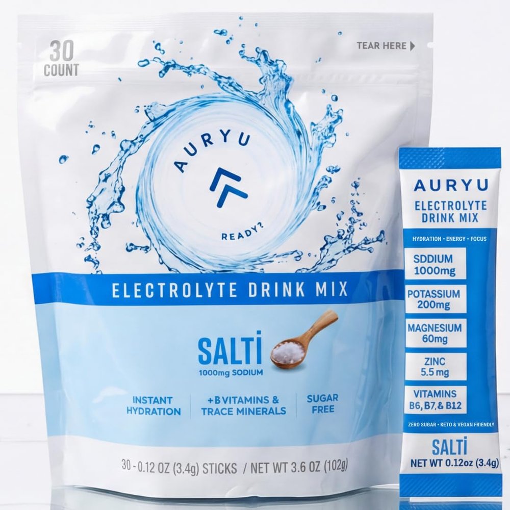 Auryu Electrolyte Drink Mix Powder, Salti Flavor, 30 Stick Packs, B Vitamins & Essential Minerals, Low Sugar Hydration Powder for Sports, Travel & Daily Wellness, 7.4oz