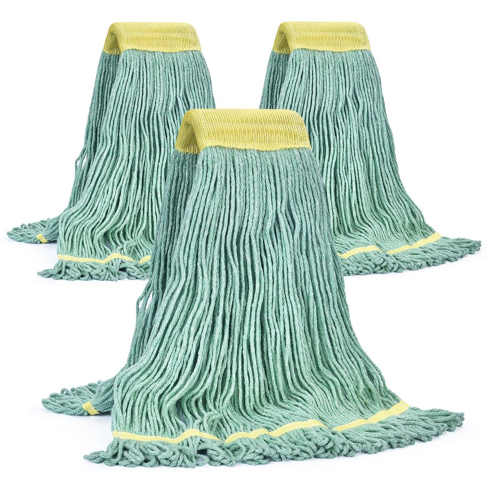 Matthew Cleaning Commercial Mop Head Replacement, 5 Inch Wide Headband, Looped End Cotton Blend String Wet Mops for Floor Cleaning, 24 oz Large, 3-Pack Green