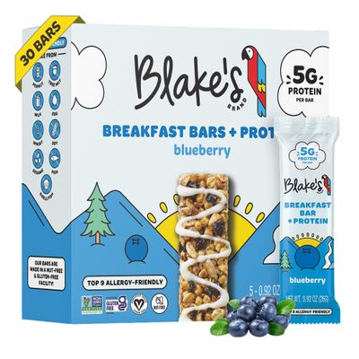Blake's Breakfast Bars with Protein Blueberry (30 Count), 5g Clean Plant-Based Protein, Gluten Free, Nut Free, Dairy Free & Vegan, Healthy Snacks for Kids or Adults, School Safe