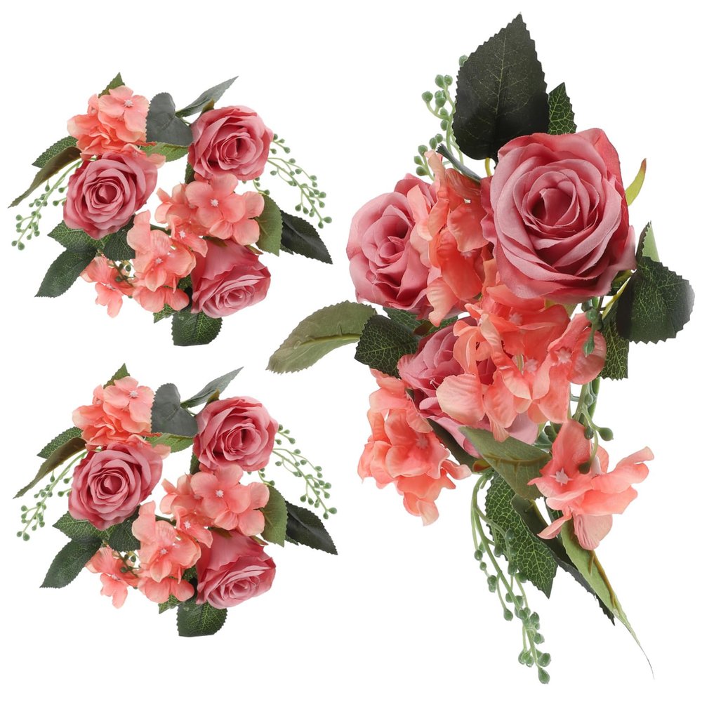 Cabilock 3Pcs Artificial Rose Candle Rings Wreaths with Realistic Leaves for Wedding Table Centerpieces Home Party Decor Faux Flower Candle Ring for Romantic Events