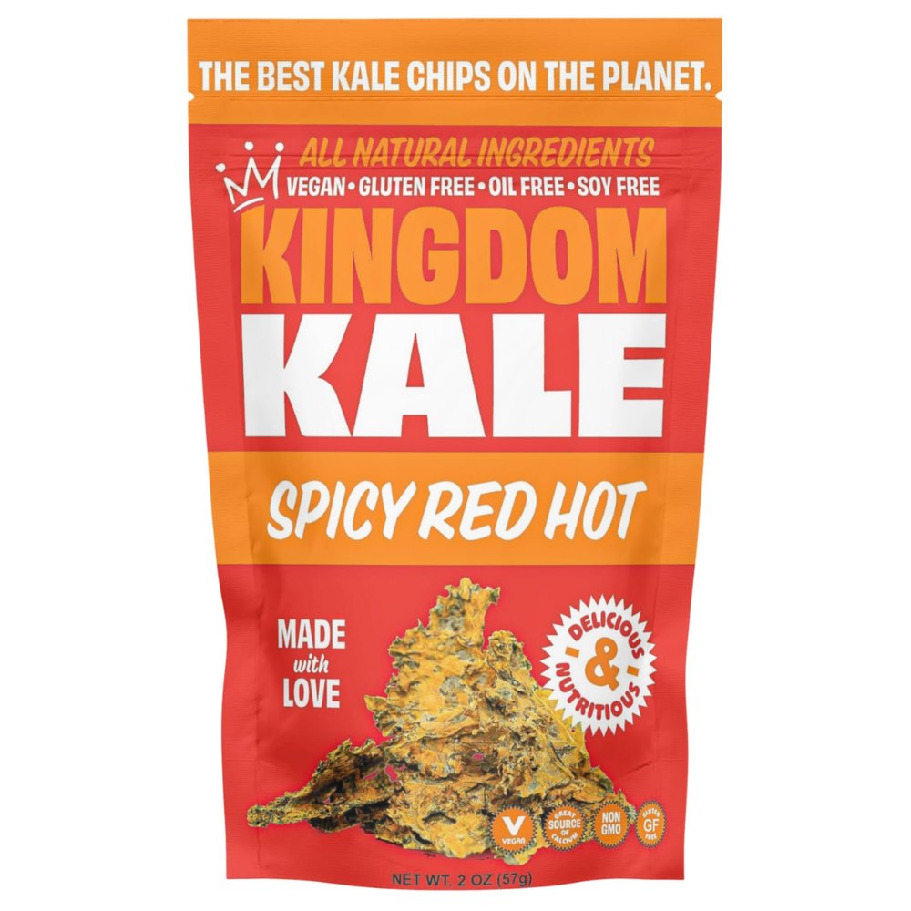 Kingdom Kale, Kale Chips, Spicy Red Hot, Healthy Snacks, Plant Based, Gluten-Free, Soy-Free, Non GMO, Vegan, Plant Protein Snacks, Air Dried Snacks, 2 oz