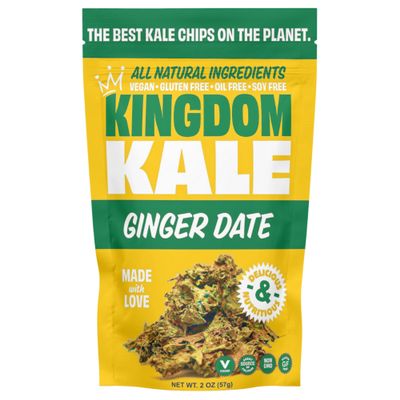 Kingdom Kale, Kale Chips, Ginger Date, Healthy Snacks, Plant Based, Gluten-Free, Soy-Free, Non GMO, Vegan, Plant Protein Snacks, Air Dried Snacks, 2 oz