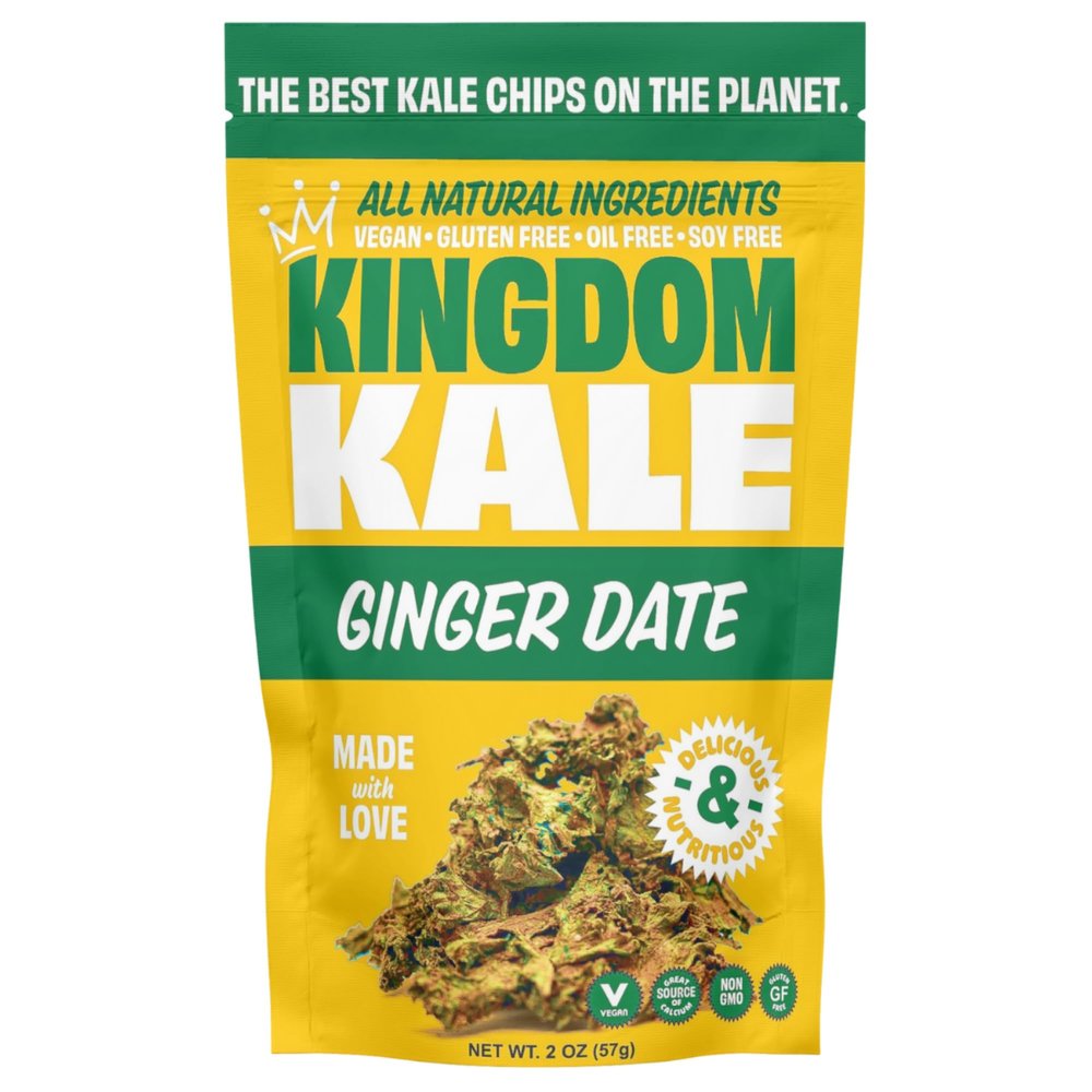 Kingdom Kale, Kale Chips, Ginger Date, Healthy Snacks, Plant Based, Gluten-Free, Soy-Free, Non GMO, Vegan, Plant Protein Snacks, Air Dried Snacks, 2 oz