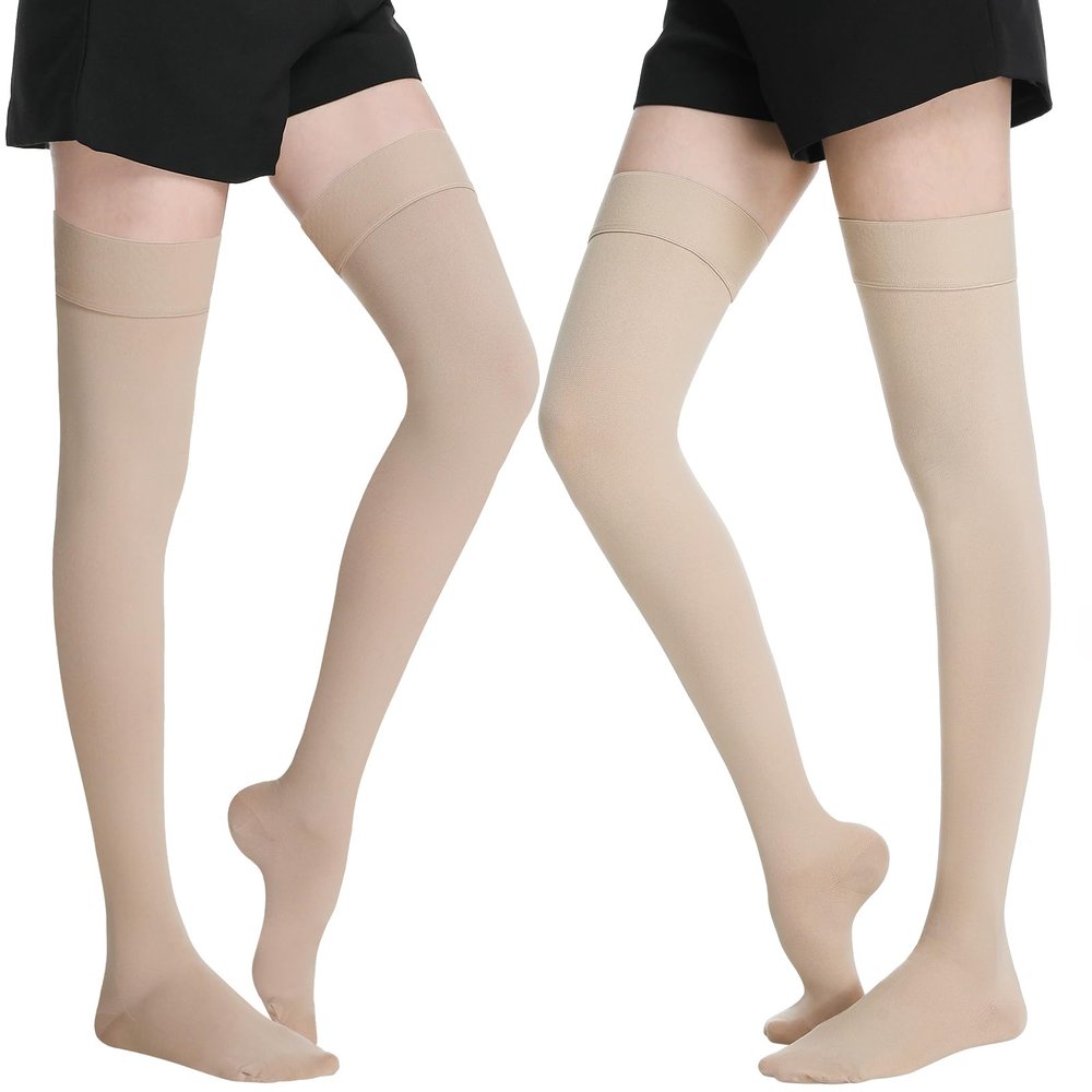 20-30mmHg Medical Thigh High Compression Stockings for Women & Men,Closed Toe Graduated Compression Socks,Circulation Pressure Stockings for Varicose VeinsEdema, DVT (Beige*2, S)