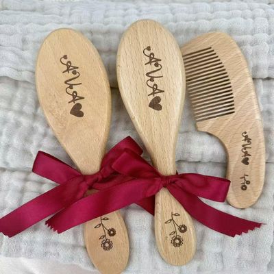 3Pcs Personalized Baby Hair Brush and Comb Set, Wooden Hair Brush/Comb Set for Newborns Girl/Boy Baby, Toddler Cradle Cap Custom Brush