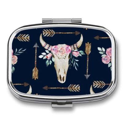 Bull Skull-Boho Arrow-Bohemian Wild Animal Skeleton Metal Pill Organizer 2 Compartments Portable Compact Pill Case for Daily Use Travel Purse Wallet