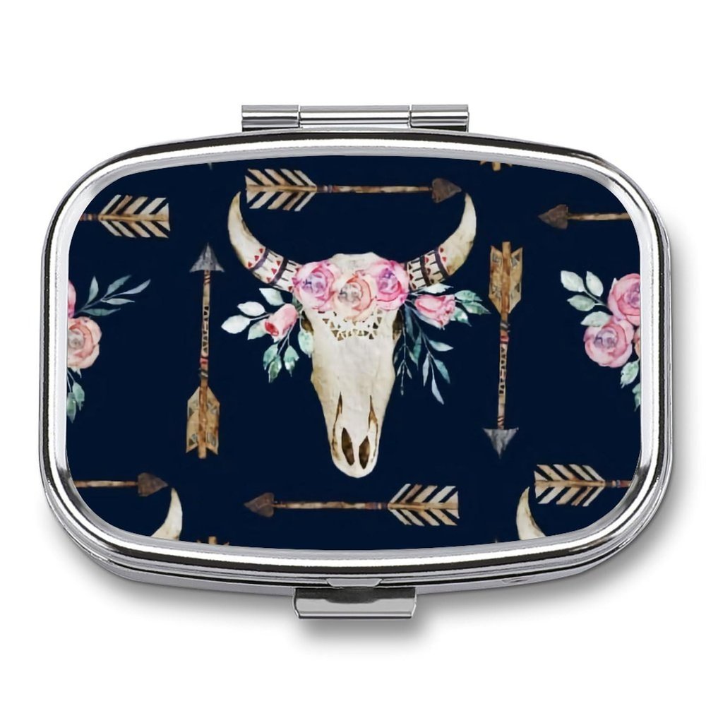 Bull Skull-Boho Arrow-Bohemian Wild Animal Skeleton Metal Pill Organizer 2 Compartments Portable Compact Pill Case for Daily Use Travel Purse Wallet