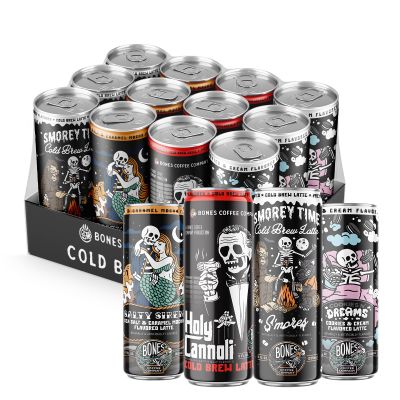 Bones Coffee Company Variety Pack Flavored Coffee, Smores, Salted Caramel Mocha, Cannoli and Cookies N Cream Ready To Drink Latte Coffee in Can | Variety Flavors in Cans | 11 Fl Oz Can (12 Pack)