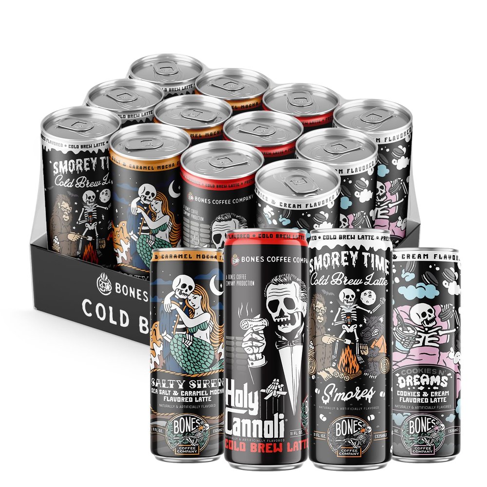 Bones Coffee Company Variety Pack Flavored Coffee, Smores, Salted Caramel Mocha, Cannoli and Cookies N Cream Ready To Drink Latte Coffee in Can | Variety Flavors in Cans | 11 Fl Oz Can (12 Pack)