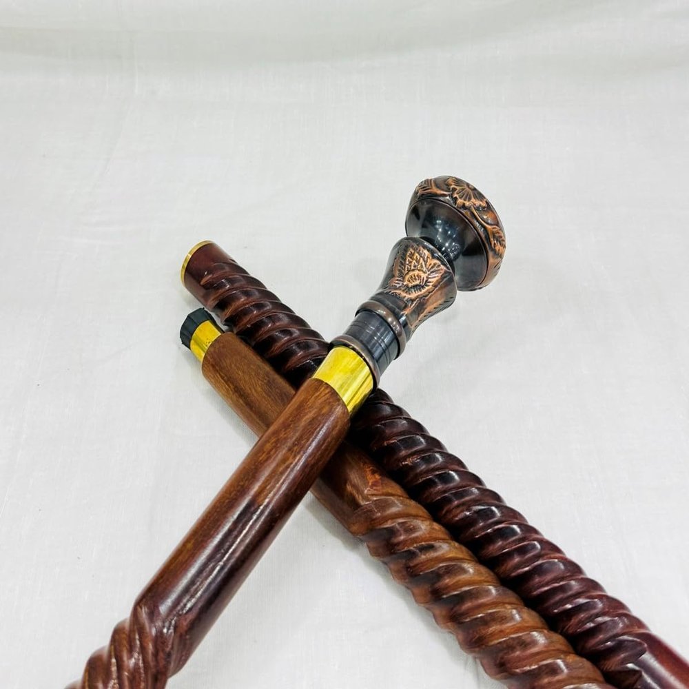Decorative Walking Cane with Axe Handle Design, Black Metal Head, Wooden Shaft, Gold Accent Band, Traditional Style (knob Handle)