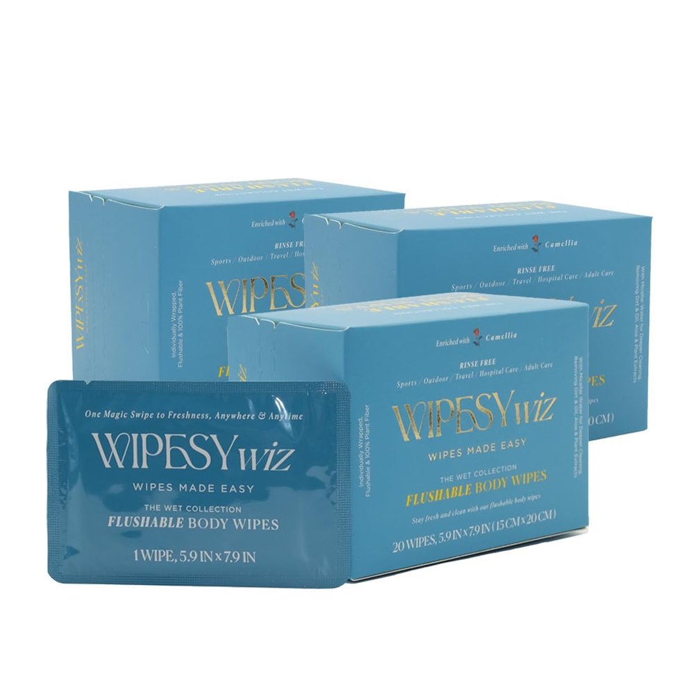 Body Wipes - 60 Count Individually Wrapped Flushable Wipes for Body, Lightly Scented with Camellia and Coconut Oil & Aloe for a Gentle Clean, Travel Sized & Disposable (Pack of 3)