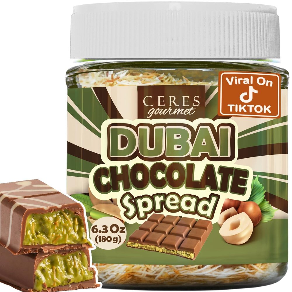 Dubai Chocolate Spread 6.35oz Jar with Pistachio, Kataifi & Gourmet Dubai Chocolate Filling for Pancakes, Breakfast, Snacks, and Desserts