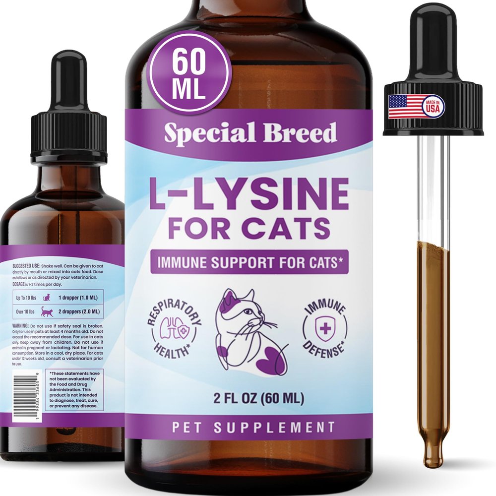 L-Lysine Supplement for Cats & Kittens Immune Support Liquid for Feline Respiratory Health, Sneezing, Runny Nose & Watery Eyes 250mg Lysine Cat Drops with Vitamins Complex Chicken Flavor