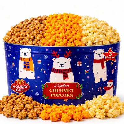 2 Gallon Christmas Popcorn Tin 3 Flavor Gourmet Holiday Gift Basket Caramel, Cheddar Cheese & Butter Popcorn Large Festive Snack Gift for Family, Office, Corporate & Christmas Parties