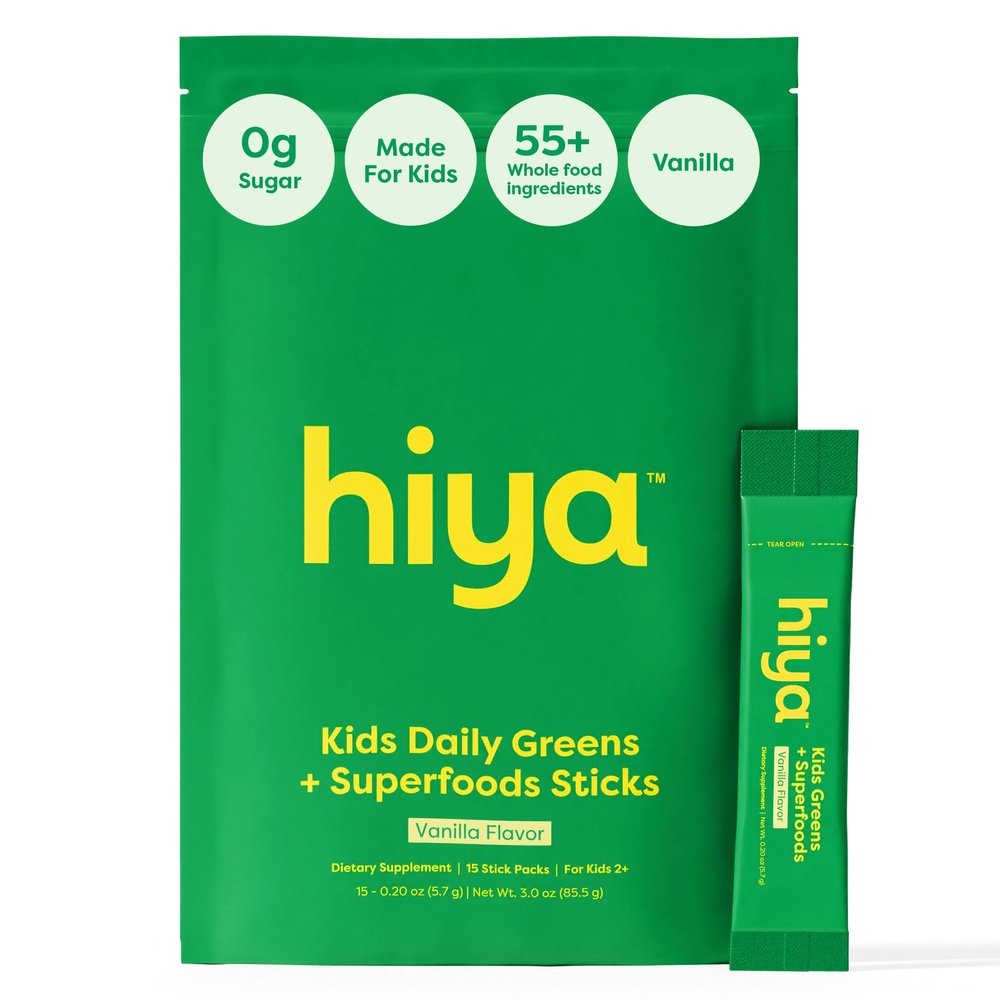 HIYA Kids Greens Powder Sticks - 55 Whole-Food Sourced Ingredients & Delicious Flavor - Greens Superfood Powder for Kids (Vanilla)