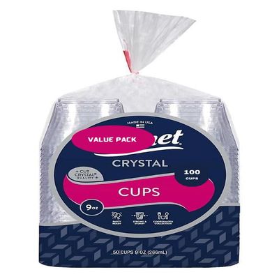 Chi-net Crystal Plastic Cups, 9 oz., Cut Crystal Design, 100 Count | Durable Disposable Party Cups Made in USA (Pack of 100)