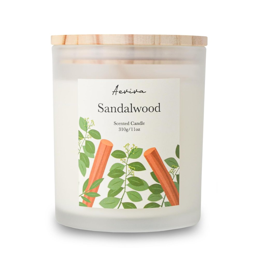 Aeviva Sandalwood Scented Candle, 11oz 60 Hour Burn, Natural Soy Wax with Thick Cotton Wick, Highly Scented Aromatherapy Candle for Stress Relief & Meditation, Gifts for Women & Men