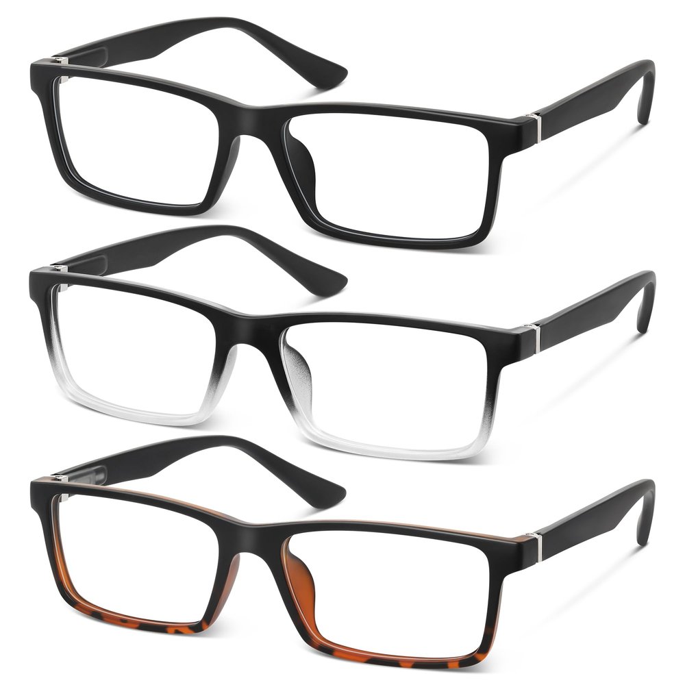 kunchu 3pairs Reading Glasses Men-Blue Light Blocking Square Readers with Spring Hinge Computer Glasses(MIX, 2.25X)