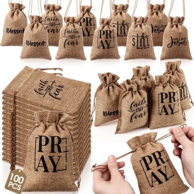 100 Pcs Small Religious Burlap Bags with Drawstring Bulk 4 x 6 Inch Pray Blessed Christian Candy Gift Bag Verse Bible Jewelry Pouch Bolsitas Para Recuerdos for Church Gifts Sunday School Baptism Favor