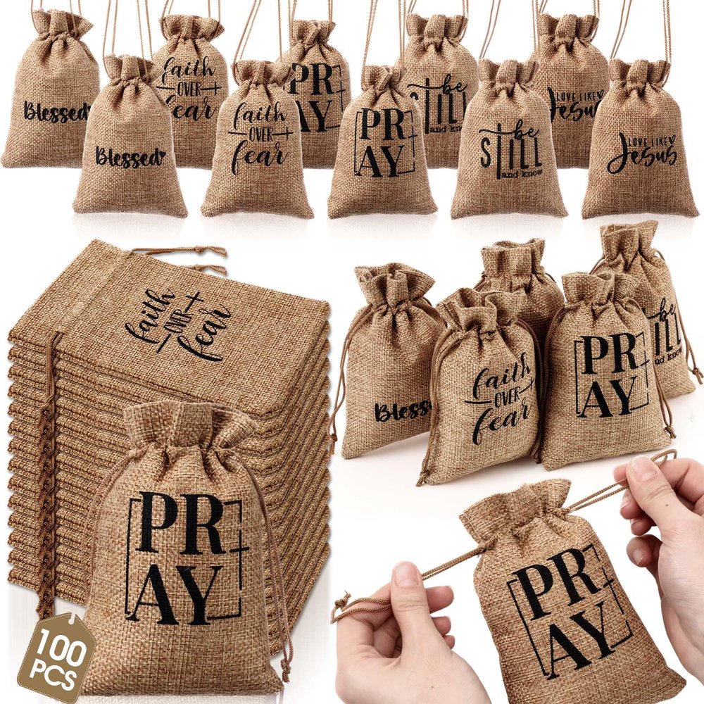 100 Pcs Small Religious Burlap Bags with Drawstring Bulk 4 x 6 Inch Pray Blessed Christian Candy Gift Bag Verse Bible Jewelry Pouch Bolsitas Para Recuerdos for Church Gifts Sunday School Baptism Favor
