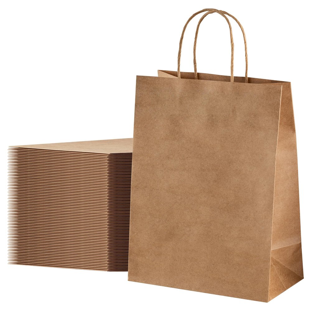 ECOEXTRA 100 Pcs Brown Kraft Paper Gift Bags with Handles - 5.8x3.2x8.25 Inch Small Bulk Shopping Bags for Grocery, Retail, Birthday Party Favors, Wedding, Baby Shower, Christmas, Holidays & Events