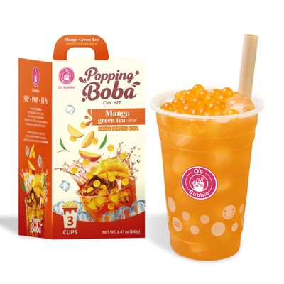 Os Bubble Peach Green Tea DIY Boba Kit with 3 Peach Syrup Packs & 3 Mango Popping Boba Make Fruity Bubble Tea at Home 3 Servings Included (Mango Green Tea)